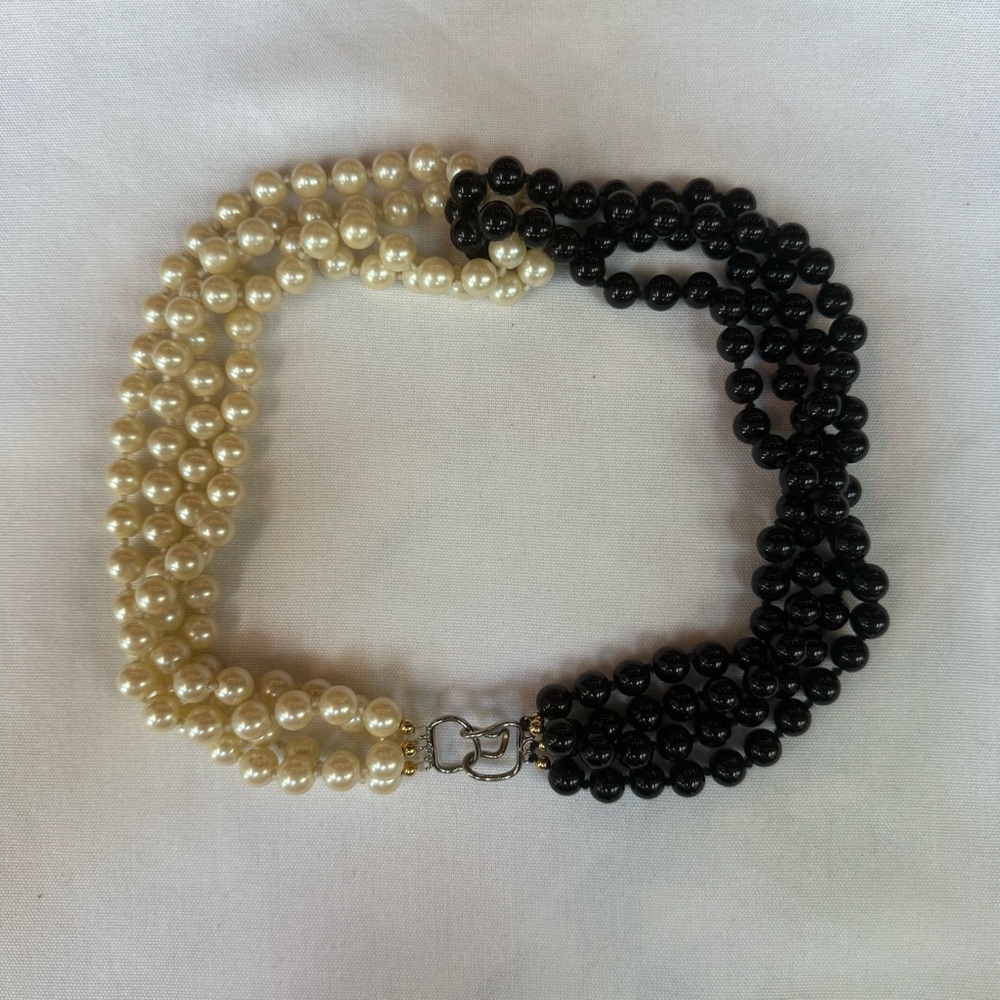 4-Strand Glass Bead Necklace Cream & Black | Hand-Knotted | 22” | Unique Clasp
